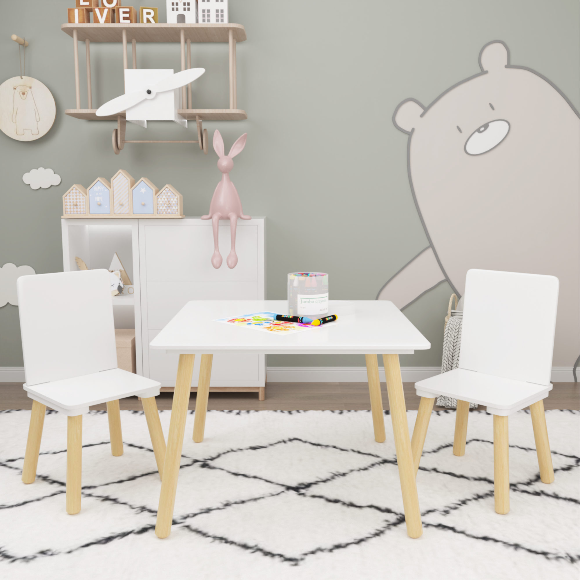 White Wooden Kids Table and 2 Chairs Set, 3-Piece Toddler Activity Play Table with Solid Wood & MDF Construction, Compact Siz