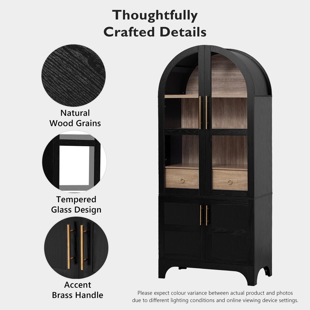 K&K 71' Tall Arched Kitchen Pantry Cabinet with Door Shelves, Farmhouse Kitchen Storage Cabinet with Open & Adjustable Shelves, Hidden Drawer & Glass Door, Cupboard for Kitchen, Dining Room, Black - Grand Goldman Shop