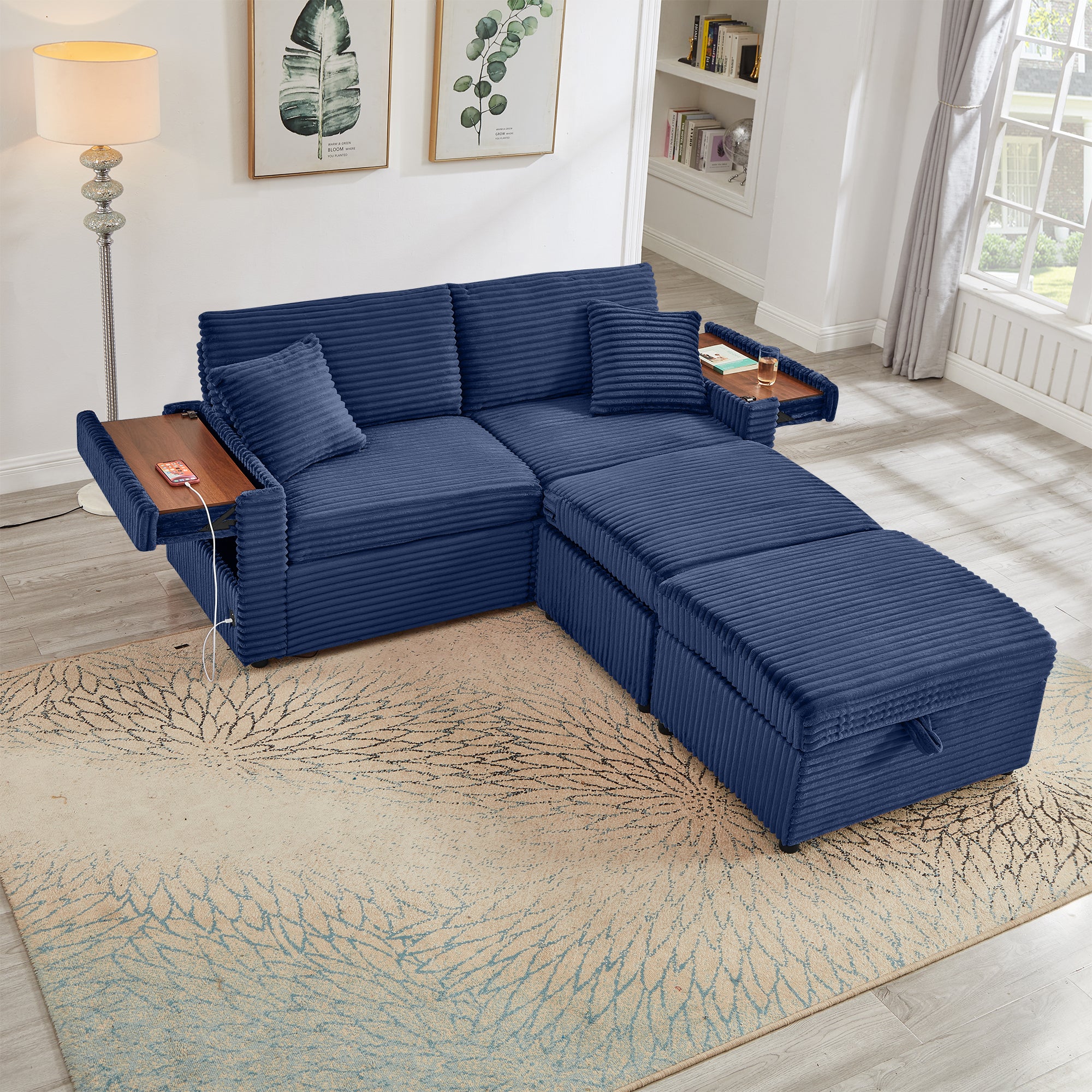Comfortable Fluffy Corduroy Lazy Sofa, Storage Space for Big Loveseat, Super Soft Chaise Lounge with Double Ottomans and Table Board,Suitable for Chailiving - Grand Goldman Shop