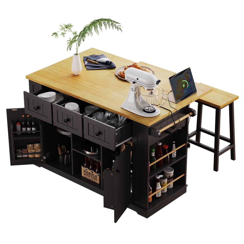 K&K 53inch Large Kitchen Island with 2 Bar Stools, Power Outlet,Door Internal Storage Rack, Kitchen Storage Cart on 5 Wheels with Drop Leaf, 5 Open Side Racks, 3 Drawers,Black (Three Packages) - Grand Goldman Shop