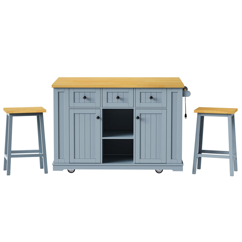 K&K 53inch Large Kitchen Island with 2 Bar Stools,Power Outlet,Door Internal Storage Rack,Kitchen Storage Cart on 5 Wheels with Drop Leaf,5 Open Side Racks,3 Drawers,Grey Blue (Three Packages) - Grand Goldman Shop