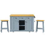 K&K 53inch Large Kitchen Island with 2 Bar Stools,Power Outlet,Door Internal Storage Rack,Kitchen Storage Cart on 5 Wheels with Drop Leaf,5 Open Side Racks,3 Drawers,Grey Blue (Three Packages) - Grand Goldman Shop