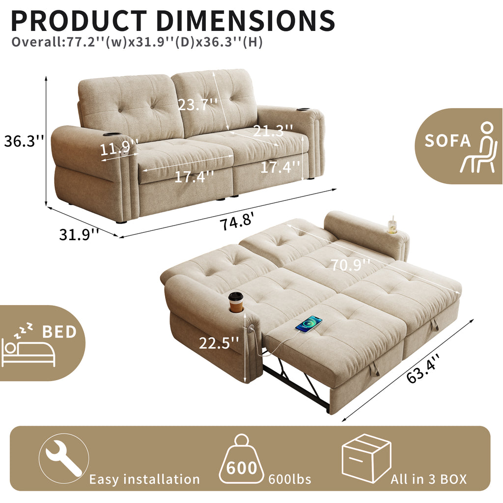 It is a multi-functional sofa, a 77-inch convertible sofa bed, and a 2-in-1 piece suitable for both sitting and lying down. Made of  Chenille fabric, it is suitable for living rooms, bedrooms - Grand Goldman Shop