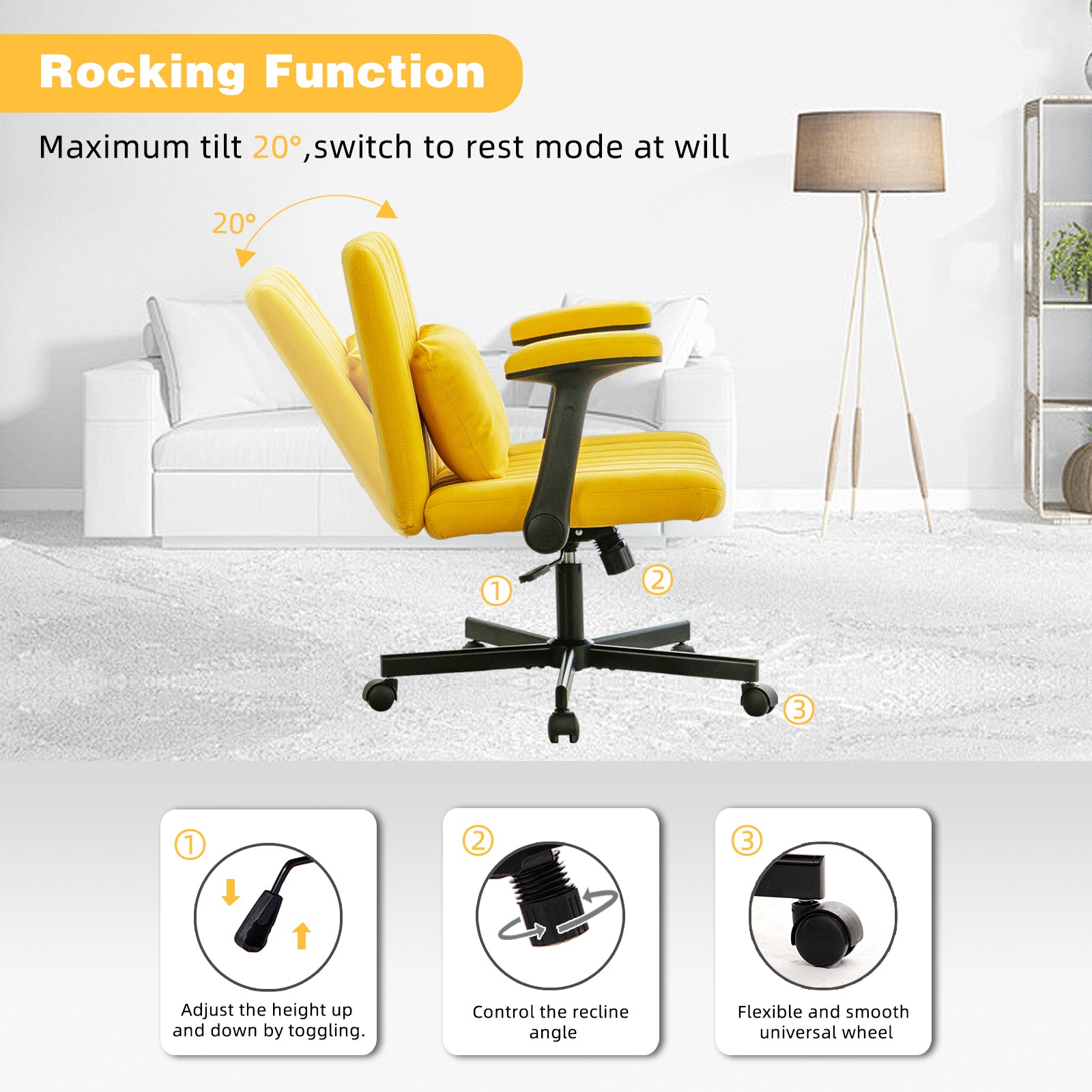 Modern Yellow Linen Criss Cross Armrest Office Chair with Wheels - Ergonomic Design for Home Office, Work & Study - Grand Gol