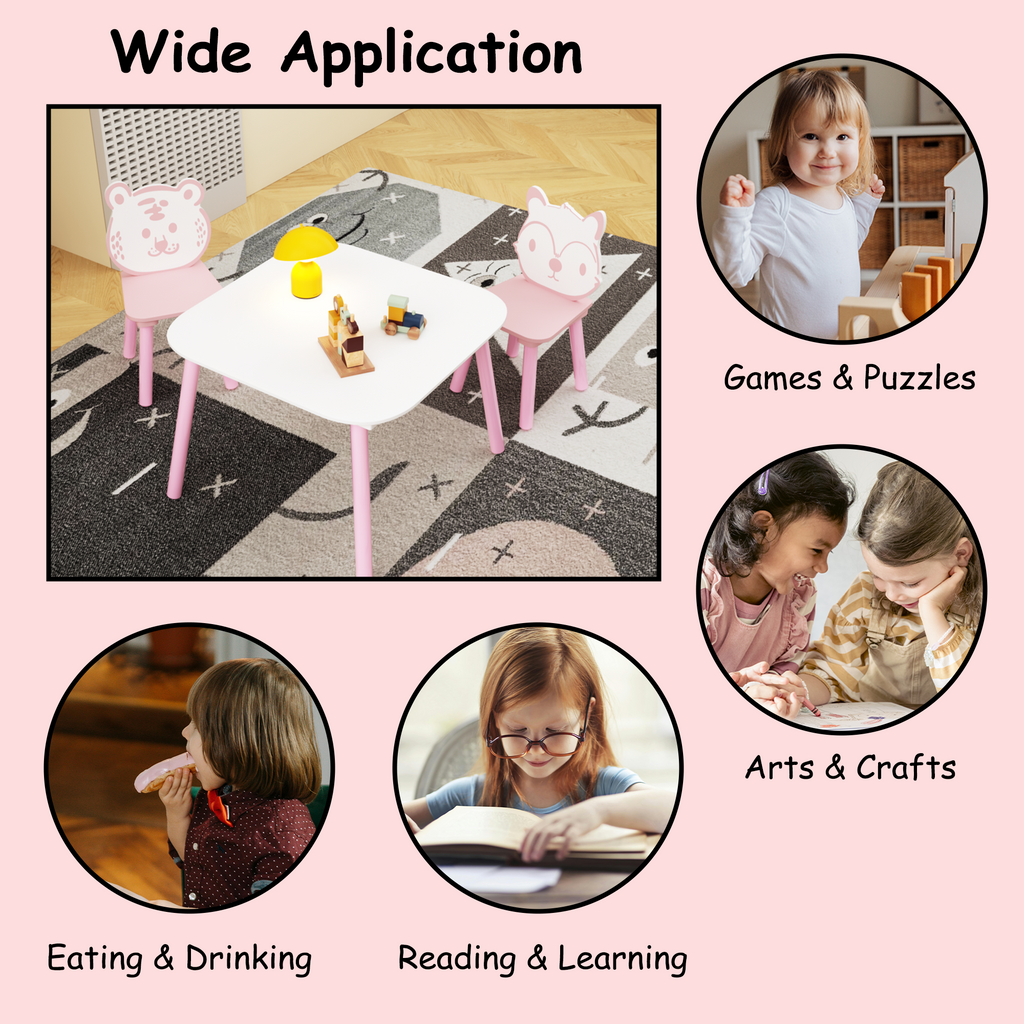 Kids Table and Chair Set, 3-Piece Wooden Toddler Desk with Animal Backrest, Activity Table for Drawing, Learning,Playroom or 