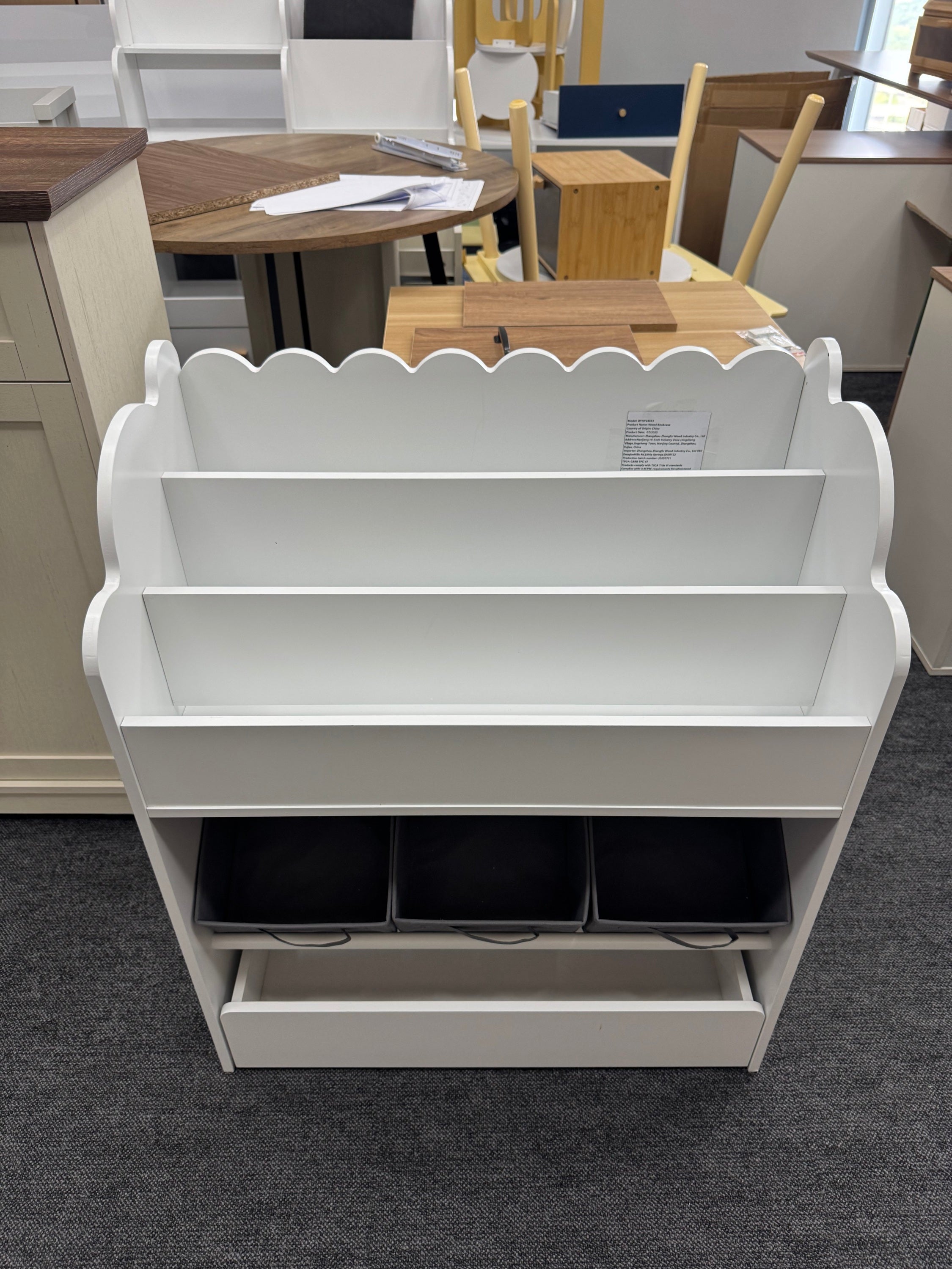 Kids Bookshelf with Storage Bins and Drawer, Multi-Functional Wooden Book Organizer for Toddlers, White Bookcase for Toys, Bo