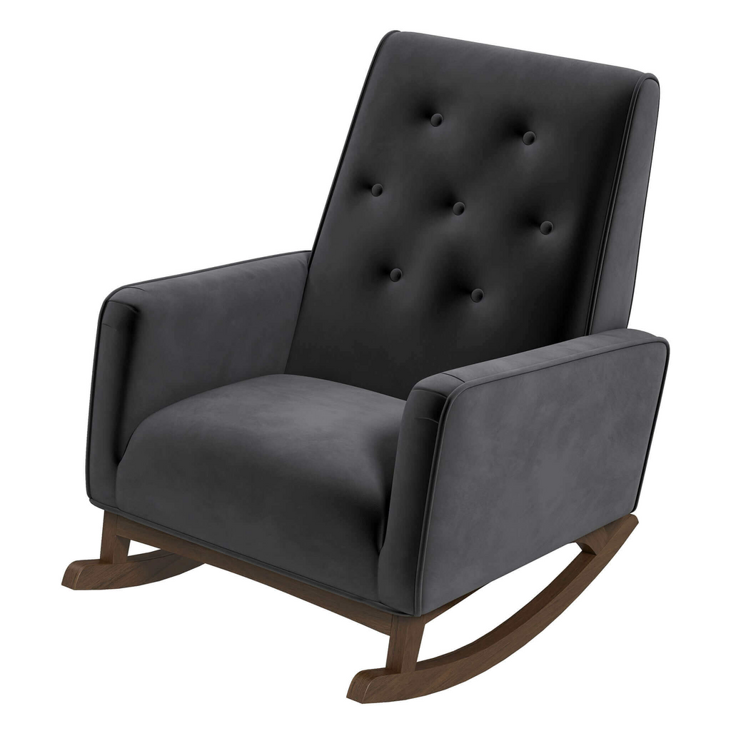 Elegant Style Demetrius Dark Grey Fabric Rocking Chair with Solid Wood Frame for Living Room and Nursery 36.6'H x 27.5'W x 39'D for Living Room Bedroom Reading - Grand Goldman Shop
