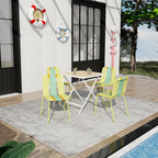 Sommer – 4er-Set moderne gestreifte Color-Block-Stühle – Sitzfläche aus PP für Innen/Außen & stabile Metallbeine, Gelb, Orange, Grün mit klappbarem quadratischem Tisch für Innen/Außen – PP-Tischplatte mit Metallbeinen (Weiß, Khaki)