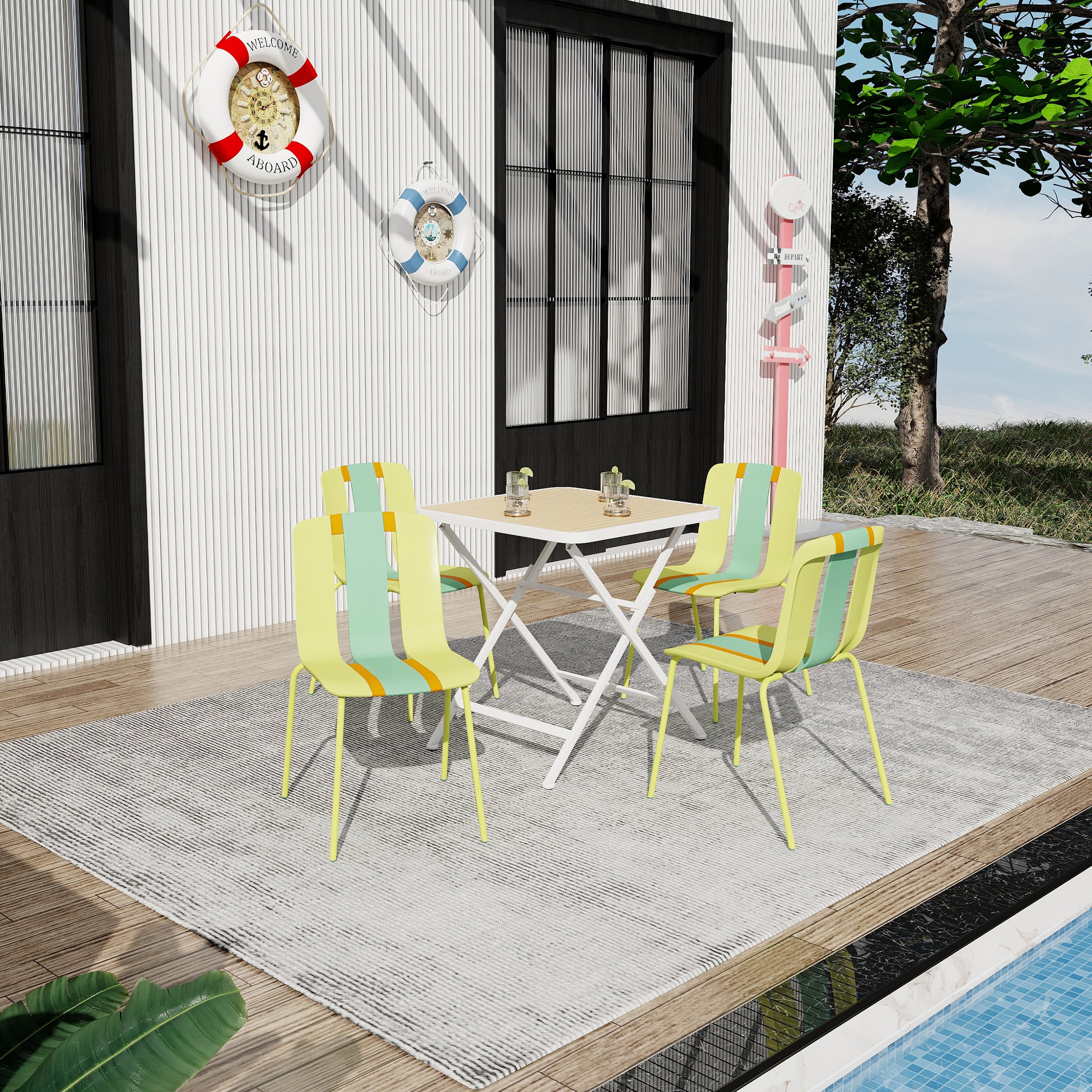 Sommer – 4er-Set moderne gestreifte Color-Block-Stühle – Sitzfläche aus PP für Innen/Außen & stabile Metallbeine, Gelb, Orange, Grün mit klappbarem quadratischem Tisch für Innen/Außen – PP-Tischplatte mit Metallbeinen (Weiß, Khaki)