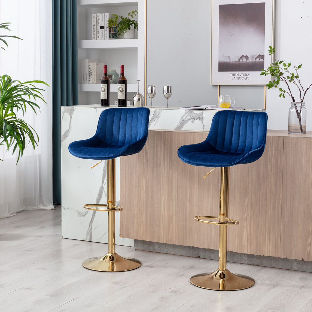 Chrome Footrest and Base Swivel Height Adjustable Mechanical Lifting Velvet + Golden Leg Simple Bar Stool,Set of 2,Navy - Grand Goldman Shop
