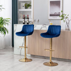Chrome Footrest and Base Swivel Height Adjustable Mechanical Lifting Velvet + Golden Leg Simple Bar Stool,Set of 2,Navy - Grand Goldman Shop