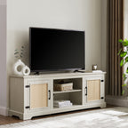 Farmhouse Rattan TV Stand Console Table for TVs up to 70 Inches, TV Console Table with 2 Storage Shelves, 2 Natural Rattan Door Cabinets,65'W*15.55'D*23.86'H, White - Grand Goldman Shop