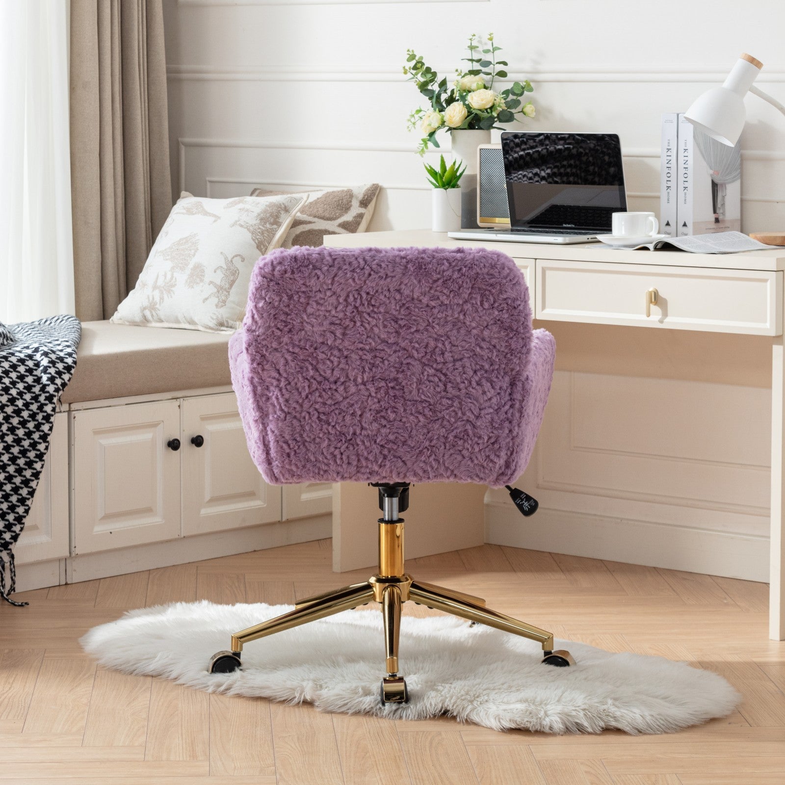 Stylish A&A Furniture Home Office Chair Violet Velvet with Golden Metal Base Adjustable Swivel - Available at Grand Goldman