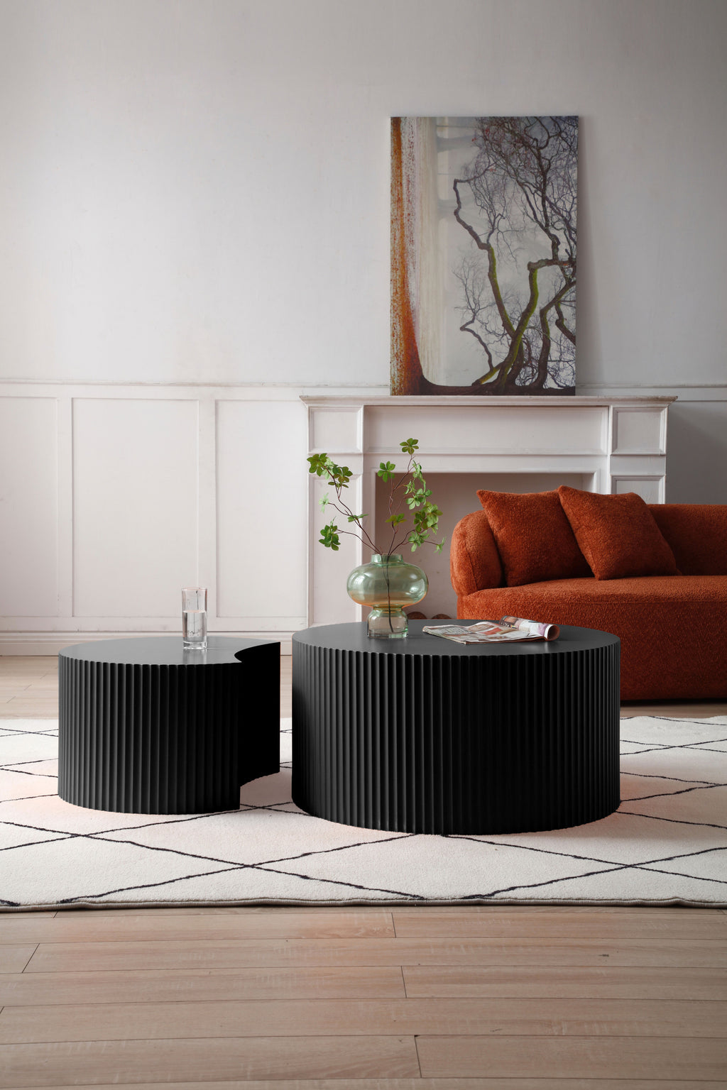 Black Nesting table set of 2 Round and Half Moon Shapes,No Need Assembly(Same Sku:W876P271183) - Grand Goldman Shop