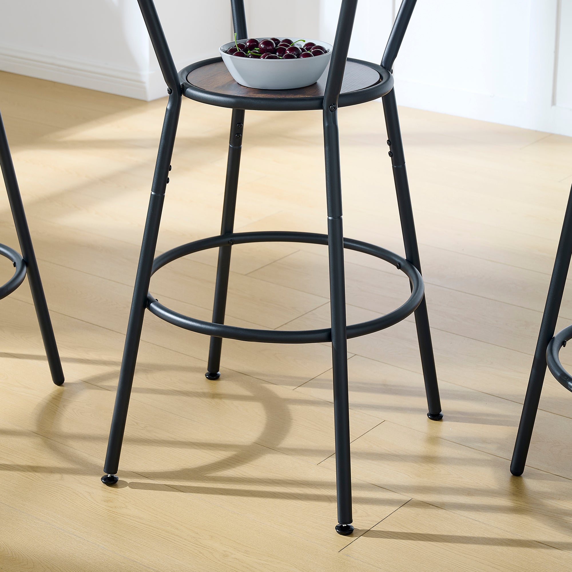 Rustic Brown Round Bar Table and Stool Set with Shelf, Upholstered Stool with Backrest, Metal & Wood, 24.17'W x 24.17'D x 36.02'H - Grand Goldman Shop