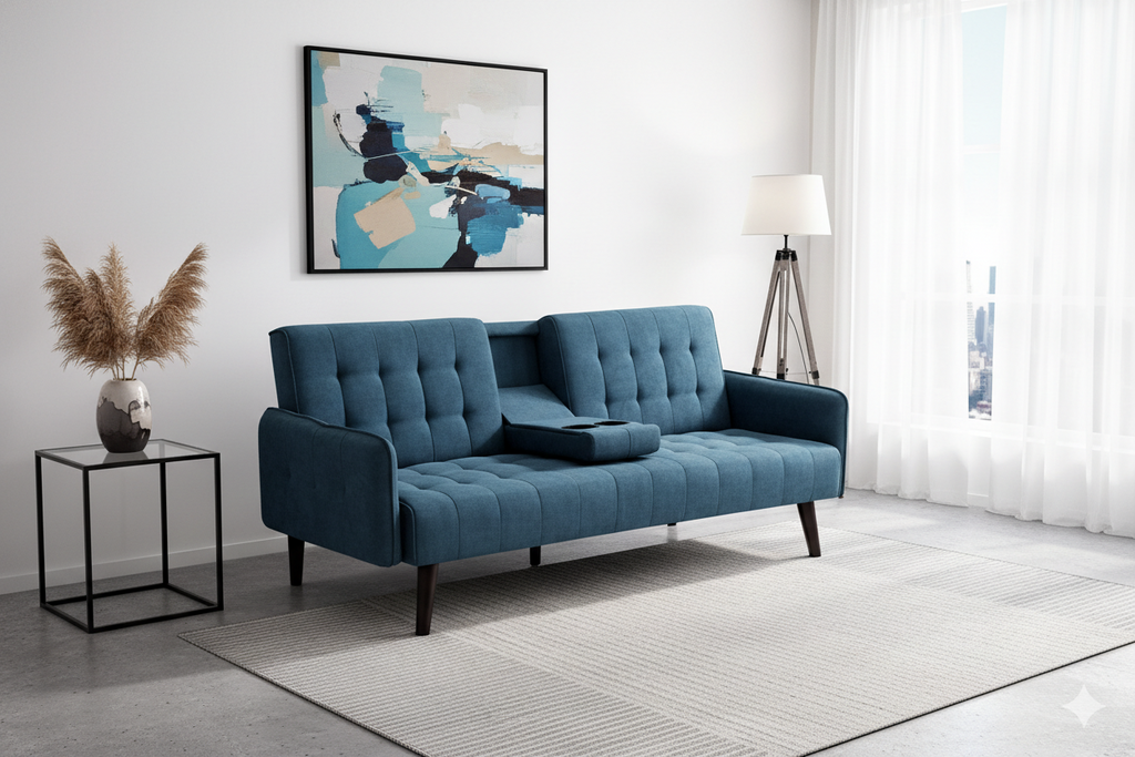 72' Sleeper Sofa Bed - Convertible Folding Backrest to Full Bed with Cup Holder & Drop-Down Table - Space Saving Linen Sofa for Small Spaces - Easy Assembly, Blue - Grand Goldman Shop