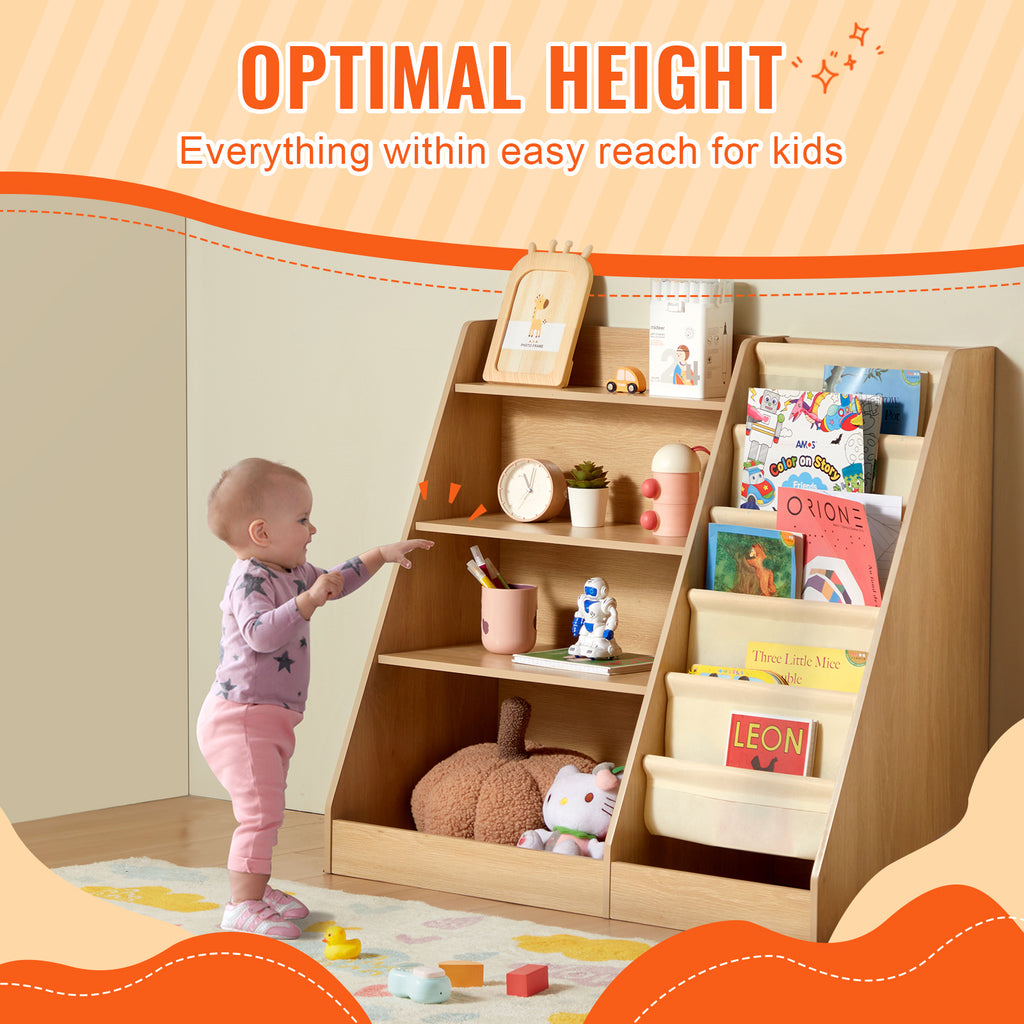 Wooden Kids Bookshelf 4-Tier, Toy Storage Organizer for Toddler, Book Shelf for Kids Rooms with 6-Layer Sling Book Rack, Baby
