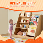 Wooden Kids Bookshelf 4-Tier, Toy Storage Organizer for Toddler, Book Shelf for Kids Rooms with 6-Layer Sling Book Rack, Baby