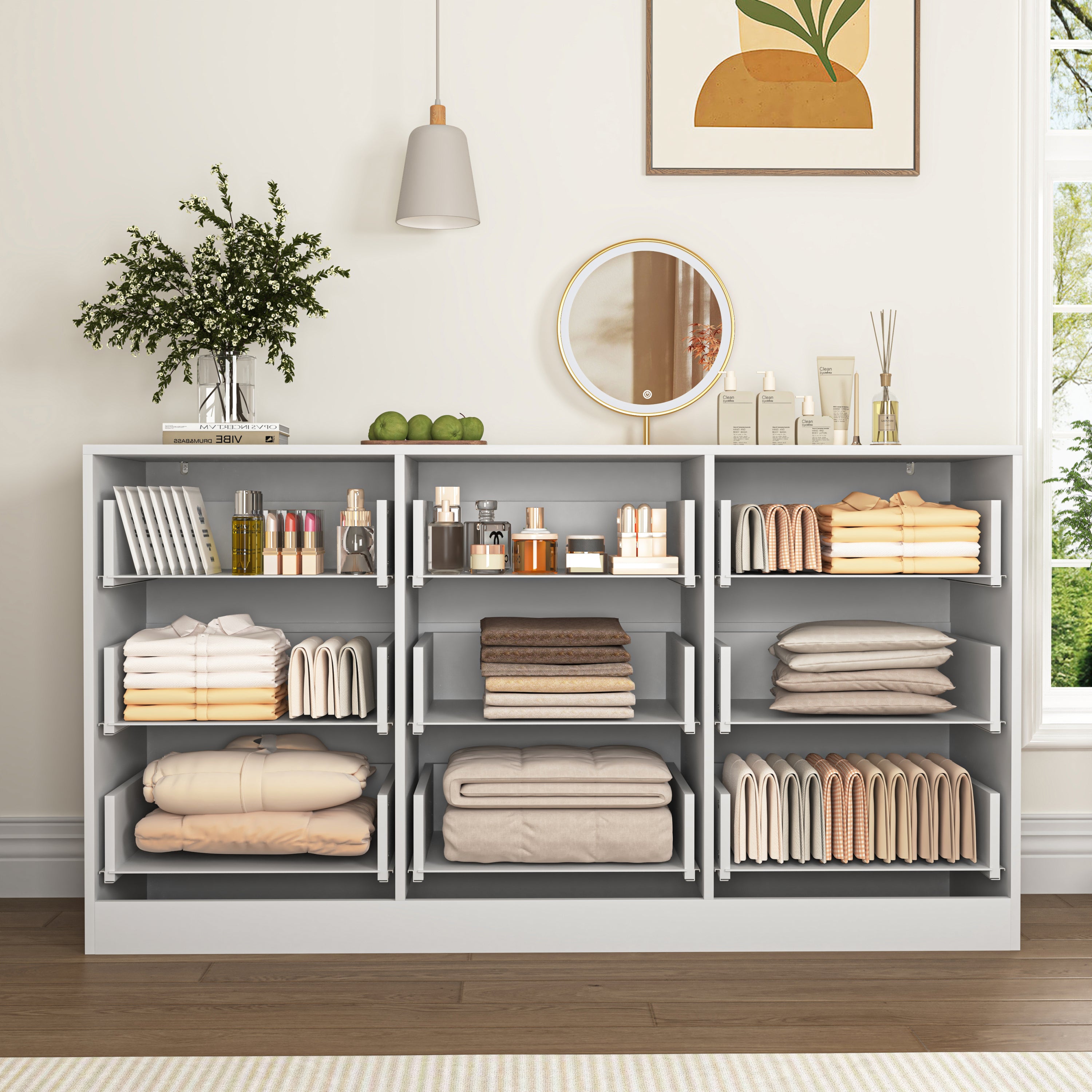 White 9 Drawer Dresser, 63' Large Deep Chest of Drawers, Wooden Dresser Storage Cabinet with 9 Drawers for Bedroom, Long Dressers for Living Room, Hallway, Drawer panel with wavy patterns - Grand Goldman Shop