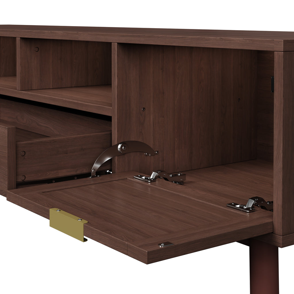 Wood Fashionable TV Stand for 75' TVs with Soft-Closing Doors, Dark Brown Modern Console with Rattan Accents and Drop-Down Cabinet, Solid Wood and MDF Construction - Grand Goldman Shop