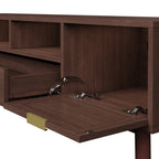 Wood Fashionable TV Stand for 75' TVs with Soft-Closing Doors, Dark Brown Modern Console with Rattan Accents and Drop-Down Cabinet, Solid Wood and MDF Construction - Grand Goldman Shop