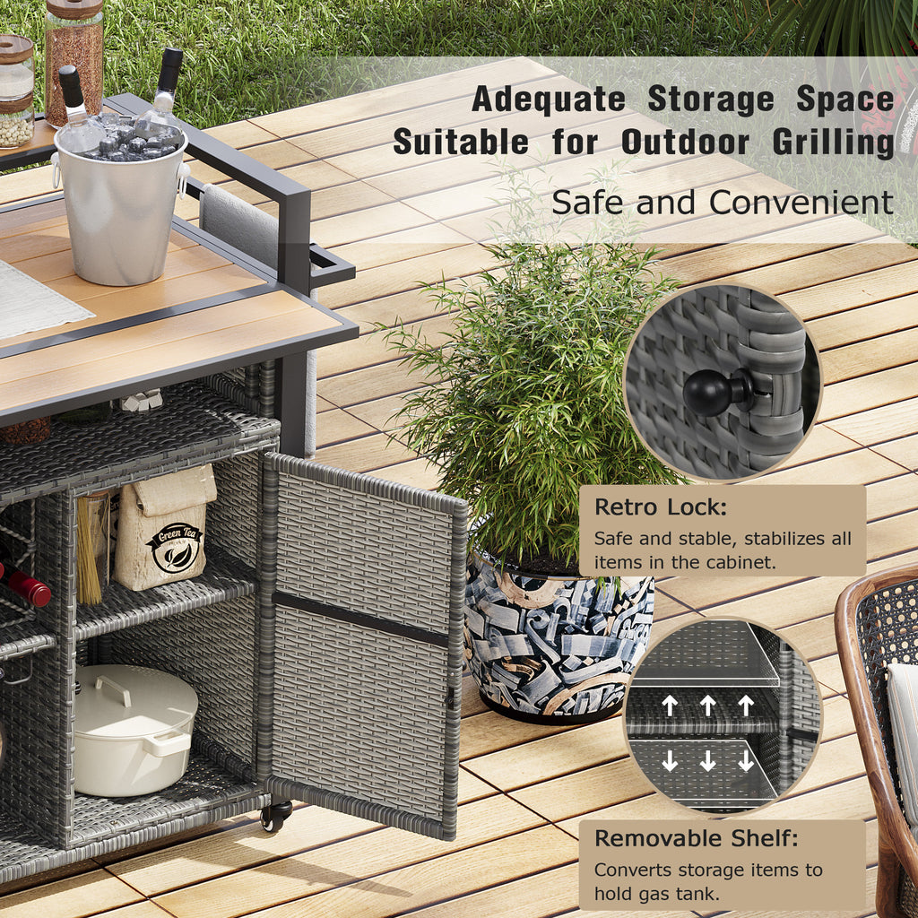 K&K 52.8'W Wicker Outdoor Grill Cart with Extended Plastic Wood Table Top, Rolling Kitchen Island on Wheels with Storage Cabinet, for Patio Backyard Garden Poolside, Double Handle Design, Grey - Grand Goldman Shop