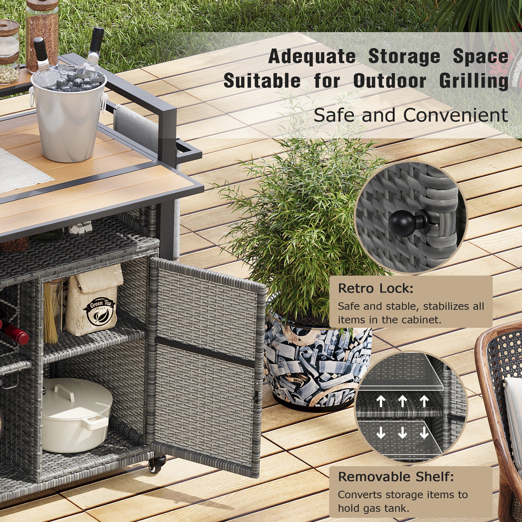 K&K 52.8'W Wicker Outdoor Grill Cart with Extended Plastic Wood Table Top, Rolling Kitchen Island on Wheels with Storage Cabinet, for Patio Backyard Garden Poolside, Double Handle Design, Grey - Grand Goldman Shop
