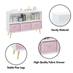 Modern Kids Bookcase with Collapsible Fabric Drawers, Children's Book Display & Toy Storage, White/Pink MDF & Pine Legs - Gra