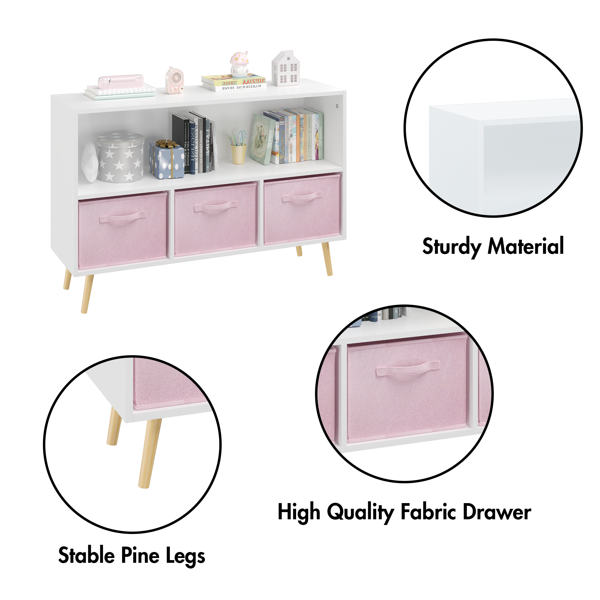 Modern Kids Bookcase with Collapsible Fabric Drawers, Children's Book Display & Toy Storage, White/Pink MDF & Pine Legs - Gra