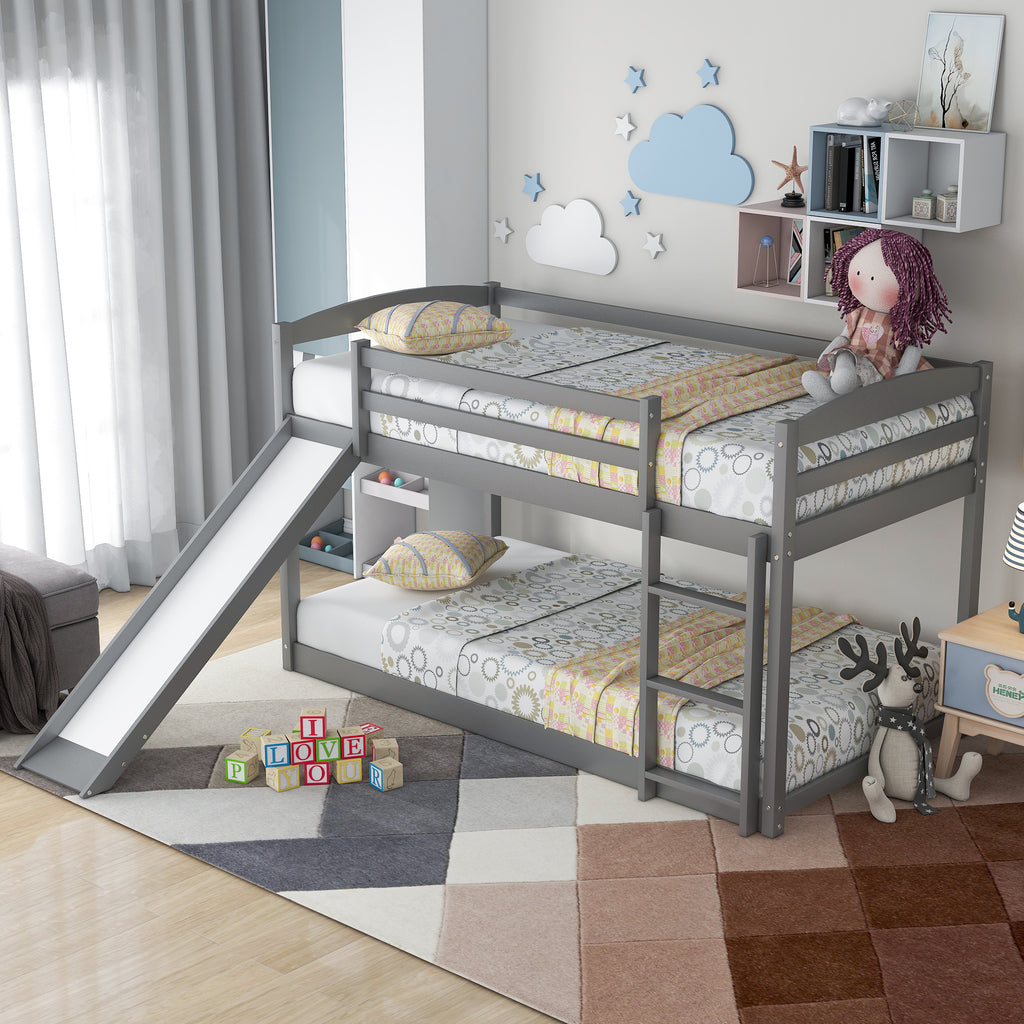 Gray Twin over Twin Bunk Bed with Convertible Slide and Ladder, Pine Wood and MDF, 79.3''L x 84.4''W x 46.5''H - Grand Goldman Shop