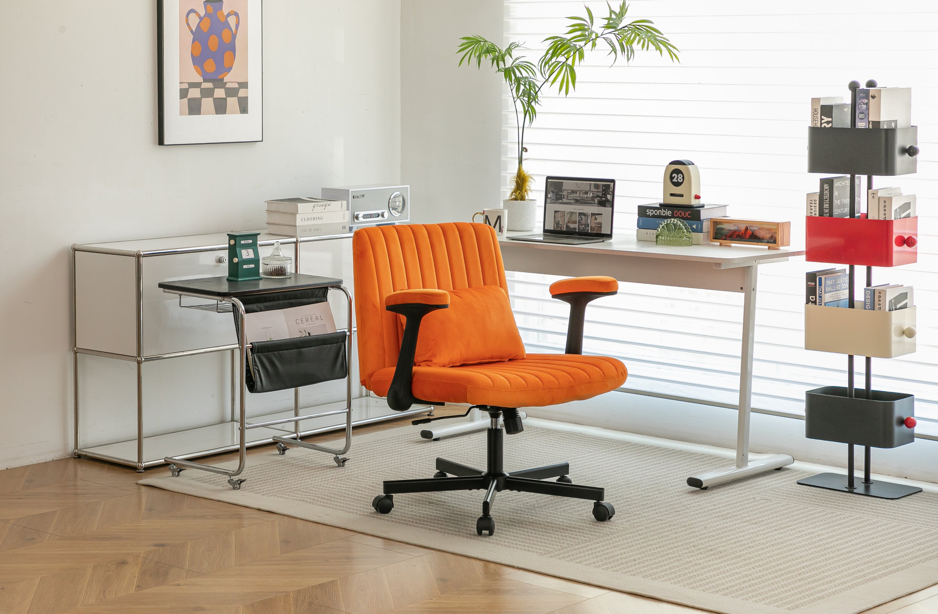 Orange Velvet Criss Cross Armrest Office Chair with Wheels - Stylish for Home Office, Gaming & Makeup | Premium Home Decor - 