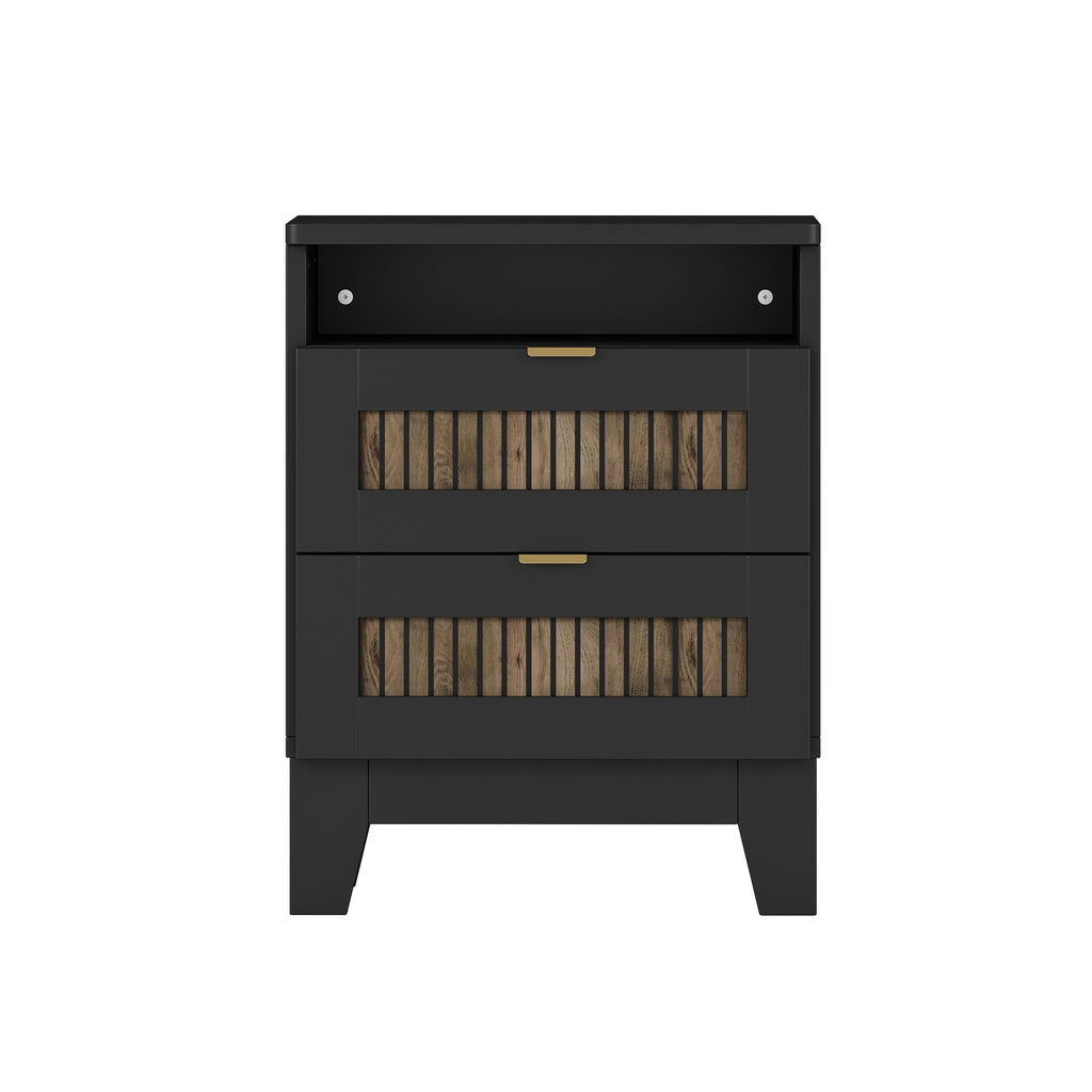 4-Pieces Bedroom Sets, Queen Size Farmhouse Platform Bed with Wooden Strip Stickers Decoration, Storage Nightstand and Dresser with Metal Handle, Black(Old SKU: HL000191AAB) - Grand Goldman Shop
