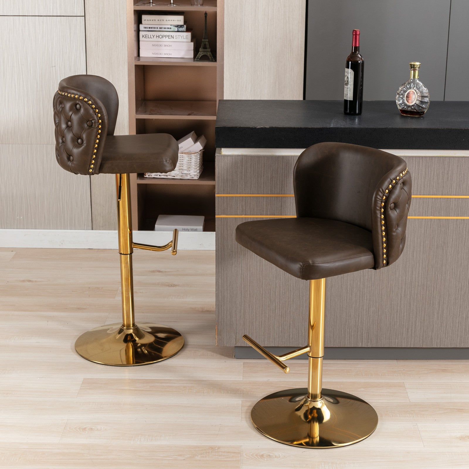 A&A Furniture,Swivel Barstools Adjusatble Seat Height, Modern PU Upholstered Bar Stools with  the whole Back Tufted, for Home Pub and Kitchen Island（Brown, Set of 2） - Grand Goldman Shop