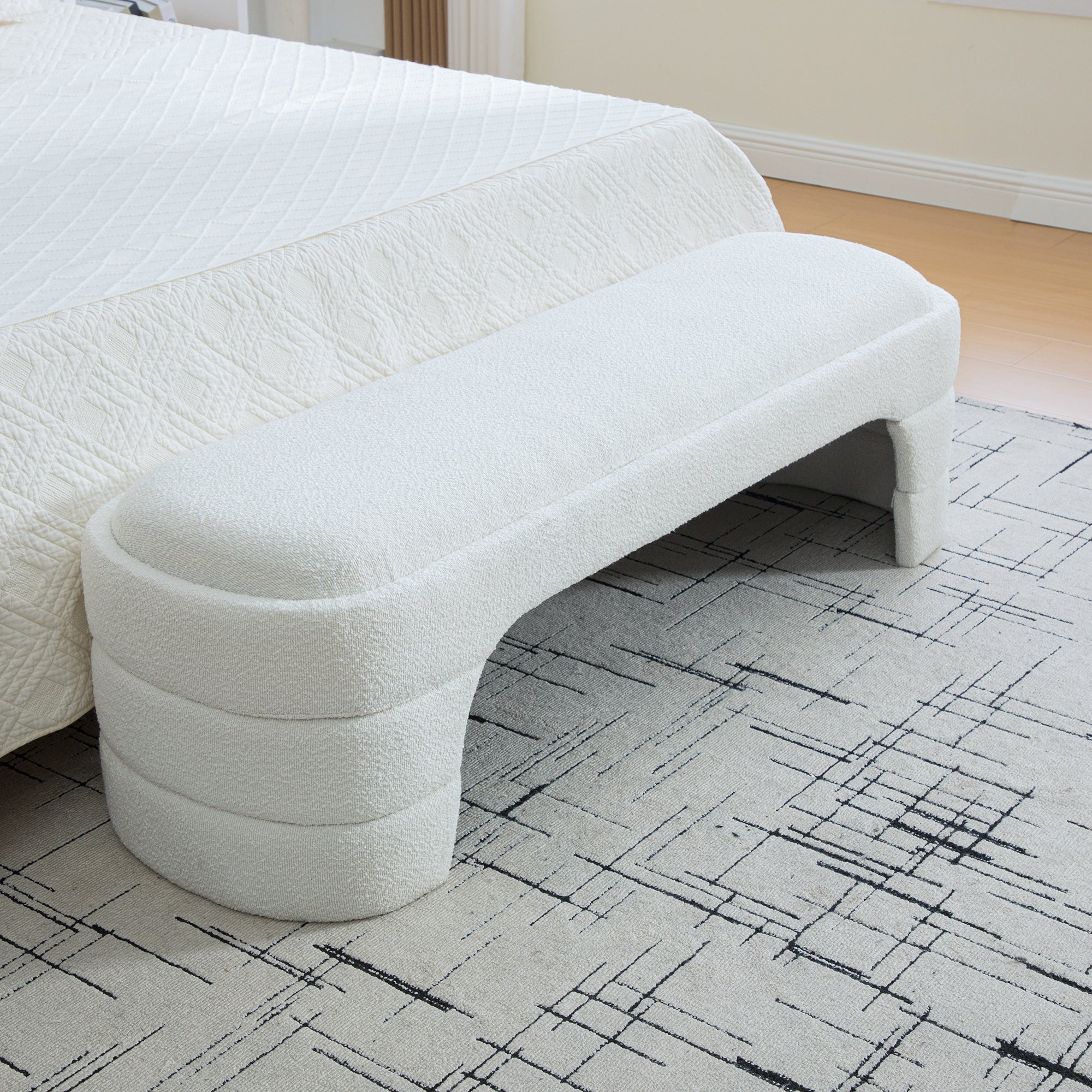 64.96'Wide Modern Upholstered Armless Upholstered Bedroom Benches End of Bed Bench for Entryway, Ottoman Foot Stool for Living Room and Bedroom, Entryway,White Boucle - Grand Goldman Shop