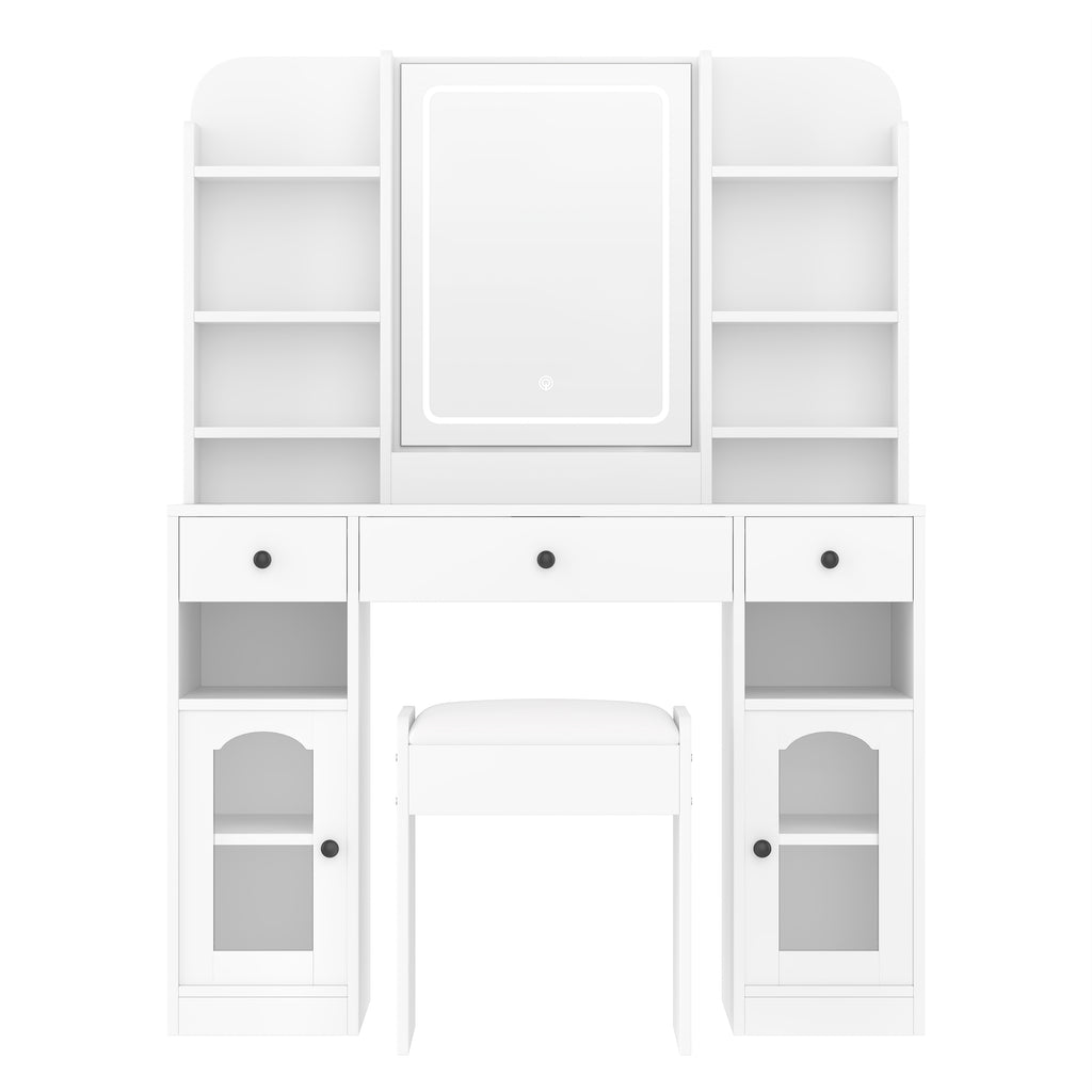 43.2' Vanity Desk with LED Mirror and Lights, Glass Top Vanity with RGB Glass Light Cabinets, Dressing Table with 3 Drawers ,Storage Shelves and Stool for Bedroom, White - Grand Goldman Shop