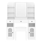43.2' Vanity Desk with LED Mirror and Lights, Glass Top Vanity with RGB Glass Light Cabinets, Dressing Table with 3 Drawers ,Storage Shelves and Stool for Bedroom, White - Grand Goldman Shop