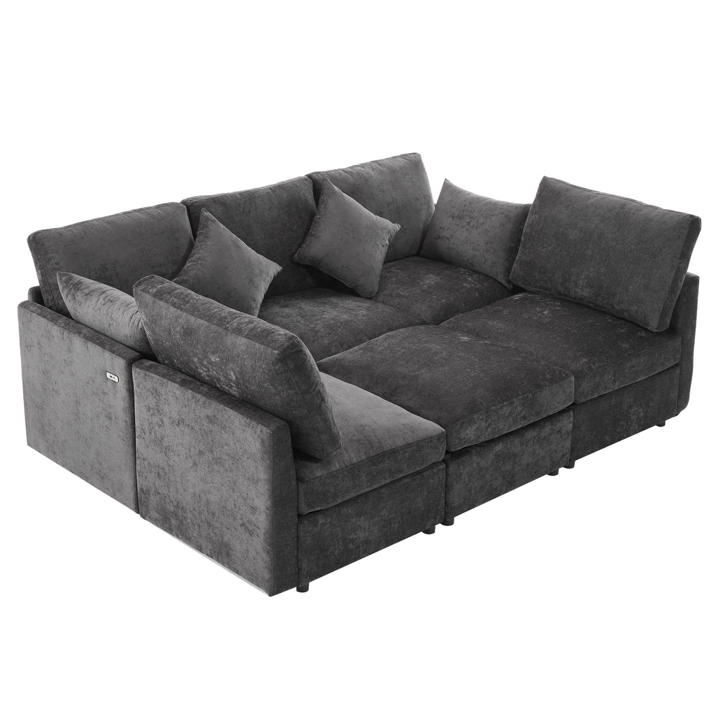 Stylish Modular U-Shaped Sectional Sofa with USB Ports, Black Chenille, 86.6' - Grand Goldman Shop