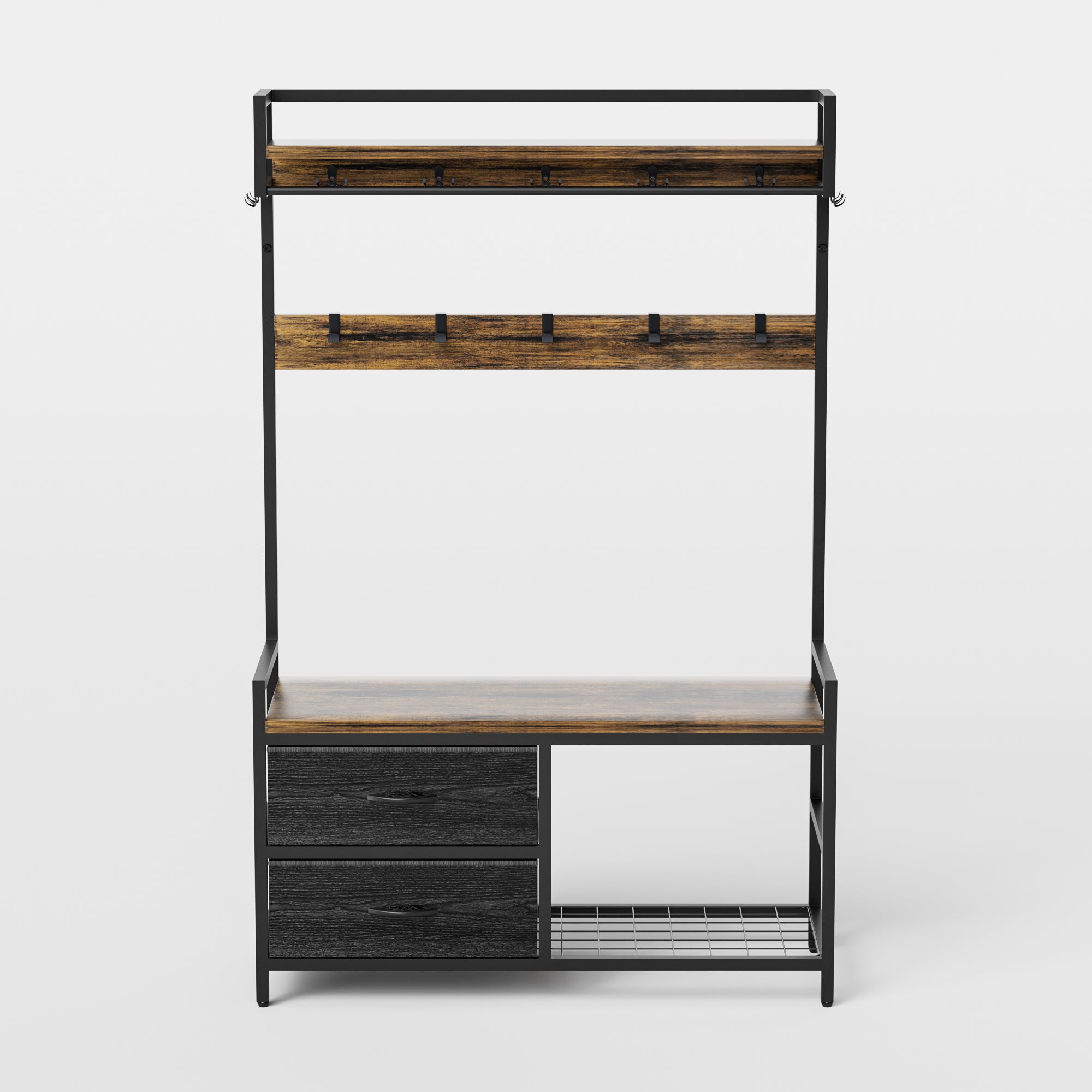 Rustic Brown 33.1' Wide Hall Tree with 2 Movable Drawers, Shoe Storage, Shelves, Garment Racks, and 23 Hooks for Entryway or Corner - Grand Goldman Shop