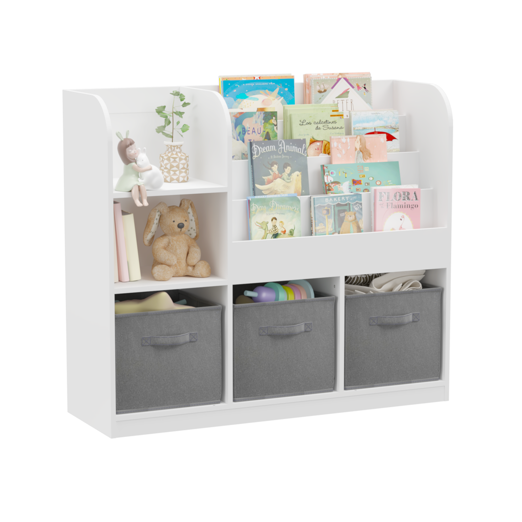 Kids Bookcase and Bookshelf with 3 Collapsible Fabric Drawers, Multifunctional Display Stand for Bedroom, Playroom, Hallway i