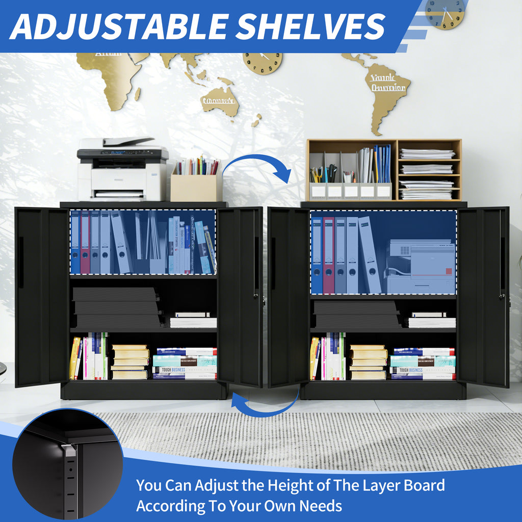Black Heavy Duty Metal Storage Cabinet with Lock, 2-Door File Cabinet with 2 Adjustable Shelves for Home, Office, Garage (35.