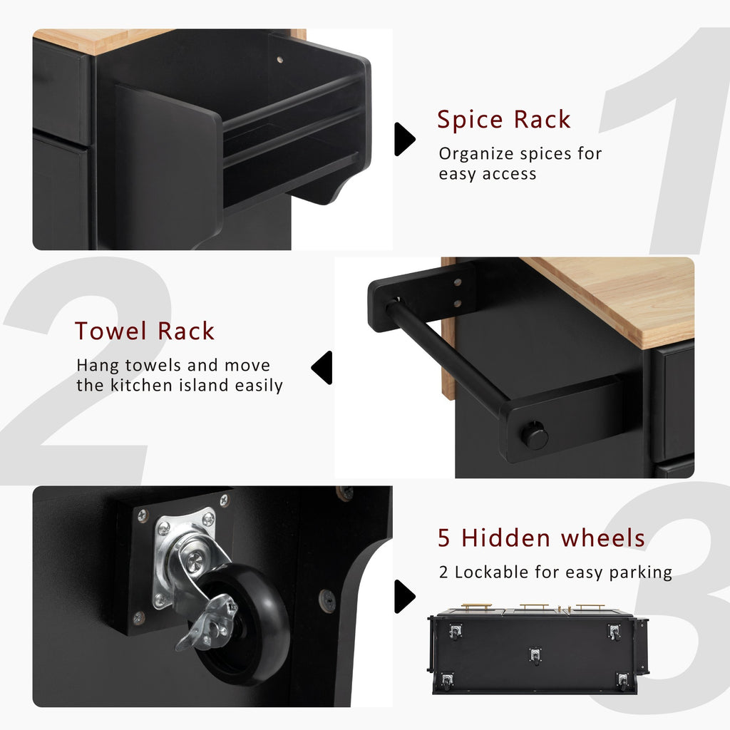 K&K 59.3' Kitchen Island with Storage 2 Pull Out Cabinet Organizers & Rubber Wood Drop Leaf, Rolling Kitchen Island with Trash Can Storage, Power Outlet, Spice & Towel Rack for Kitchen, Dining, Black - Grand Goldman Shop