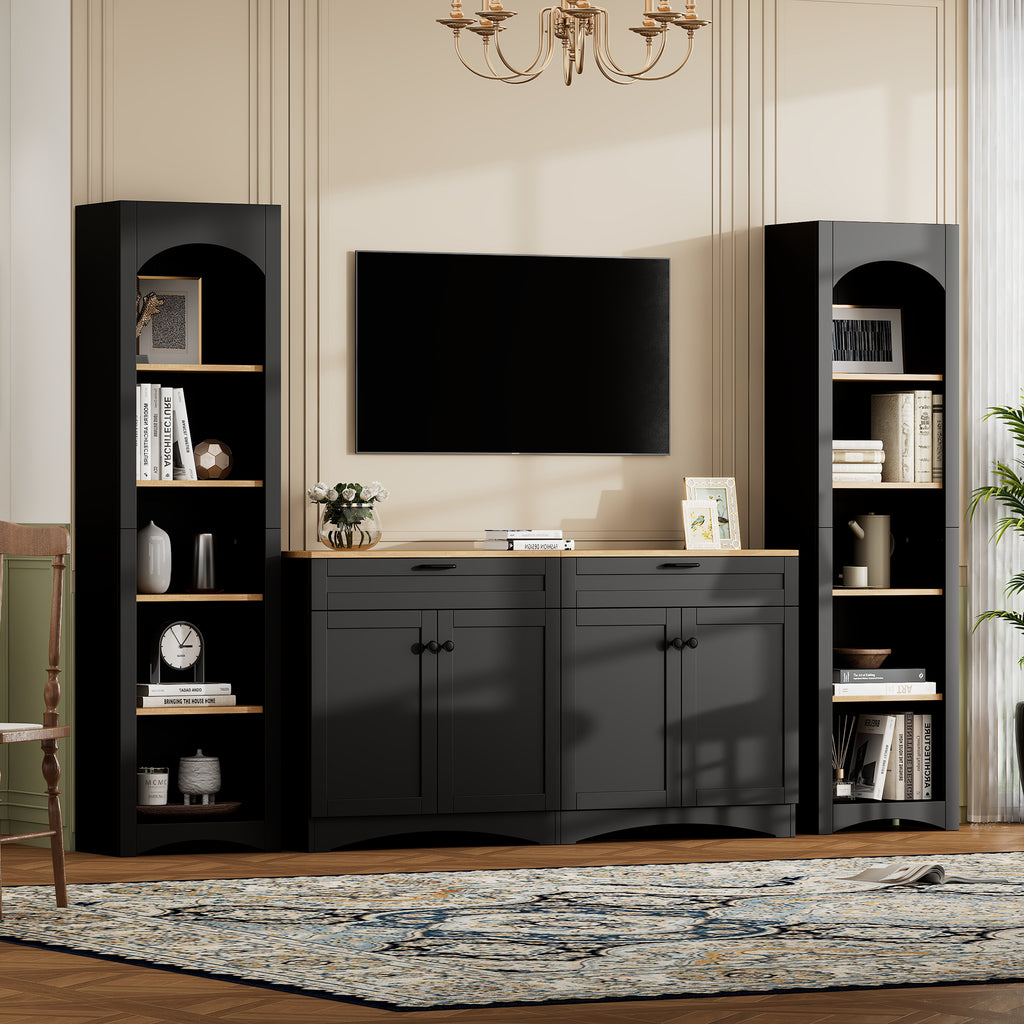 ON-TREND 3-Piece Farmhouse Entertainment Center with Storage Cabinet for TVs Up to 70', Mid-Century TV Stand with Bookshelf, Rustic Versatile Sideboard with Adjustable Shelves for Living Room, Black - Grand Goldman Shop