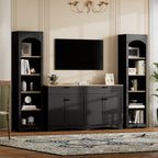 ON-TREND 3-Piece Farmhouse Entertainment Center with Storage Cabinet for TVs Up to 70', Mid-Century TV Stand with Bookshelf, Rustic Versatile Sideboard with Adjustable Shelves for Living Room, Black - Grand Goldman Shop