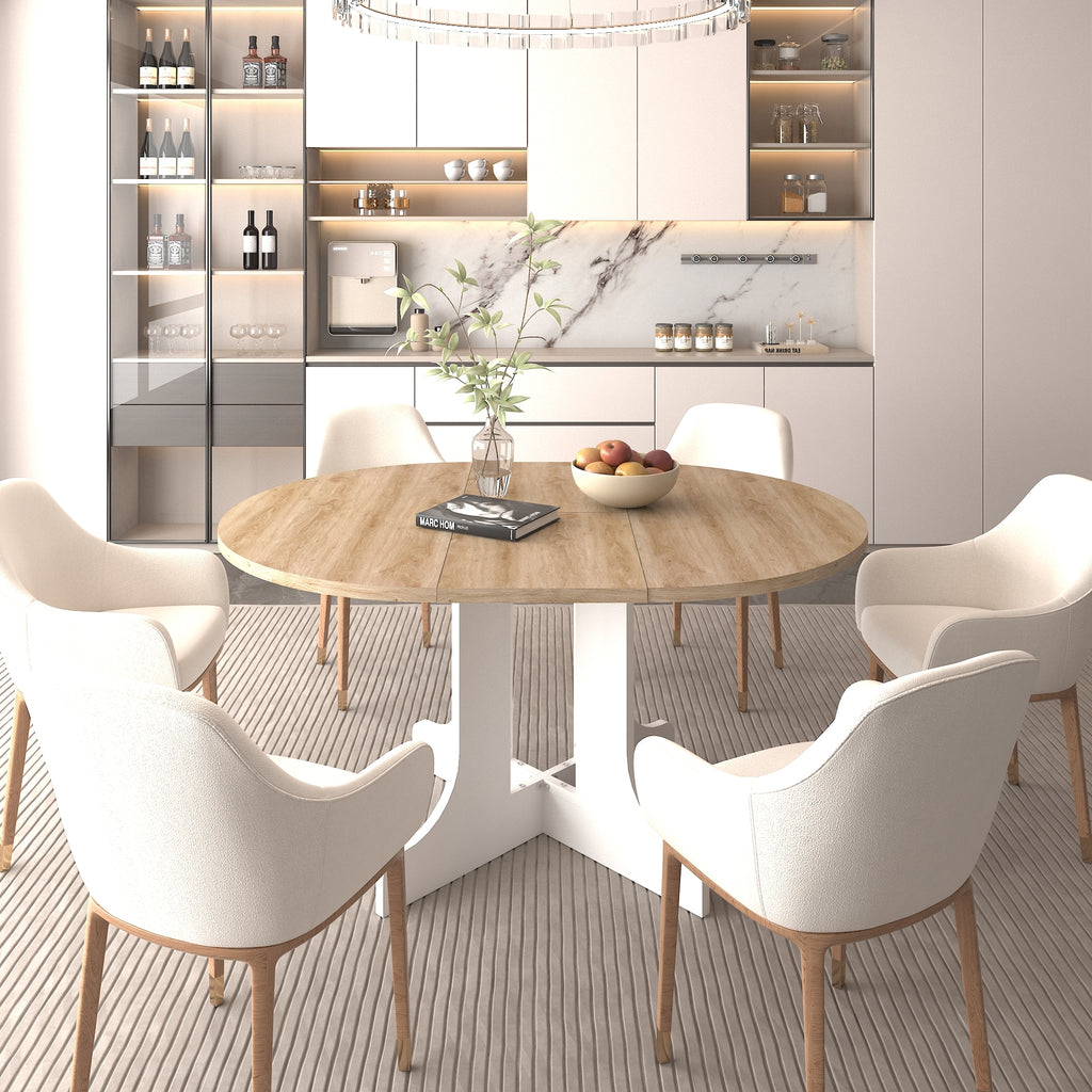 Dining Table for Farmhouse Kitchen 59x43 Inch Expandable Oval Table Top with Removable Leaf Trestle X Shaped Base White - Grand Goldman Shop