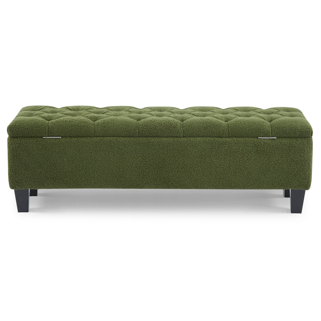 Ottoman Bench with Storage, Green Boucle Surface, Rubber Wood Legs, 300 lbs Capacity - Grand Goldman Shop