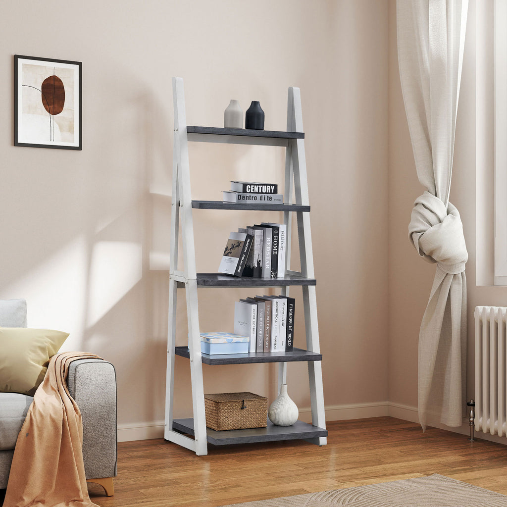 5-Tier Shelves,Bookshelf, Storage Rack, Bookcase with Rubber Wood Frame, Ladder Shelf for Living Room, Home Office, Kitchen, 