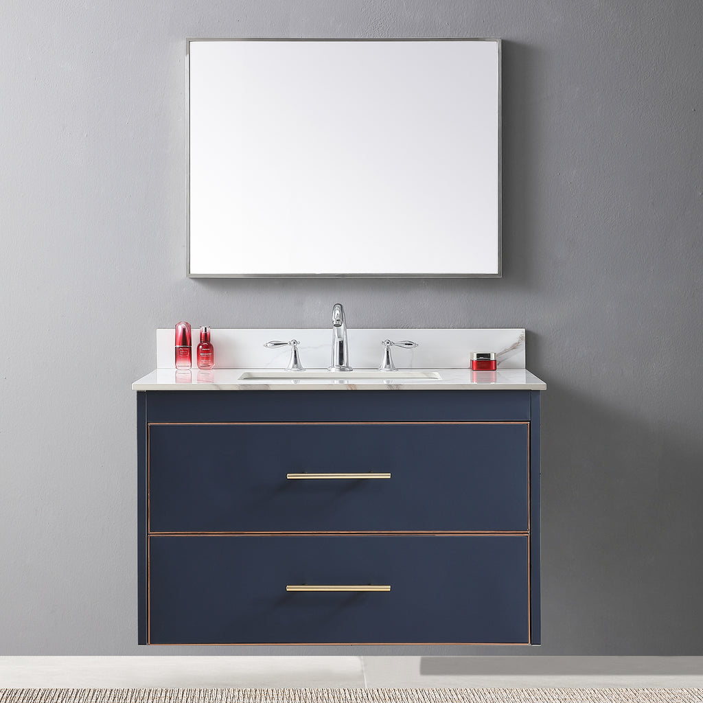 Montary 37inch bathroom vanity top stone carrara gold new style tops with rectangle undermount ceramic sink and 3 faucet hole for bathroom cabinet - Grand Goldman Shop