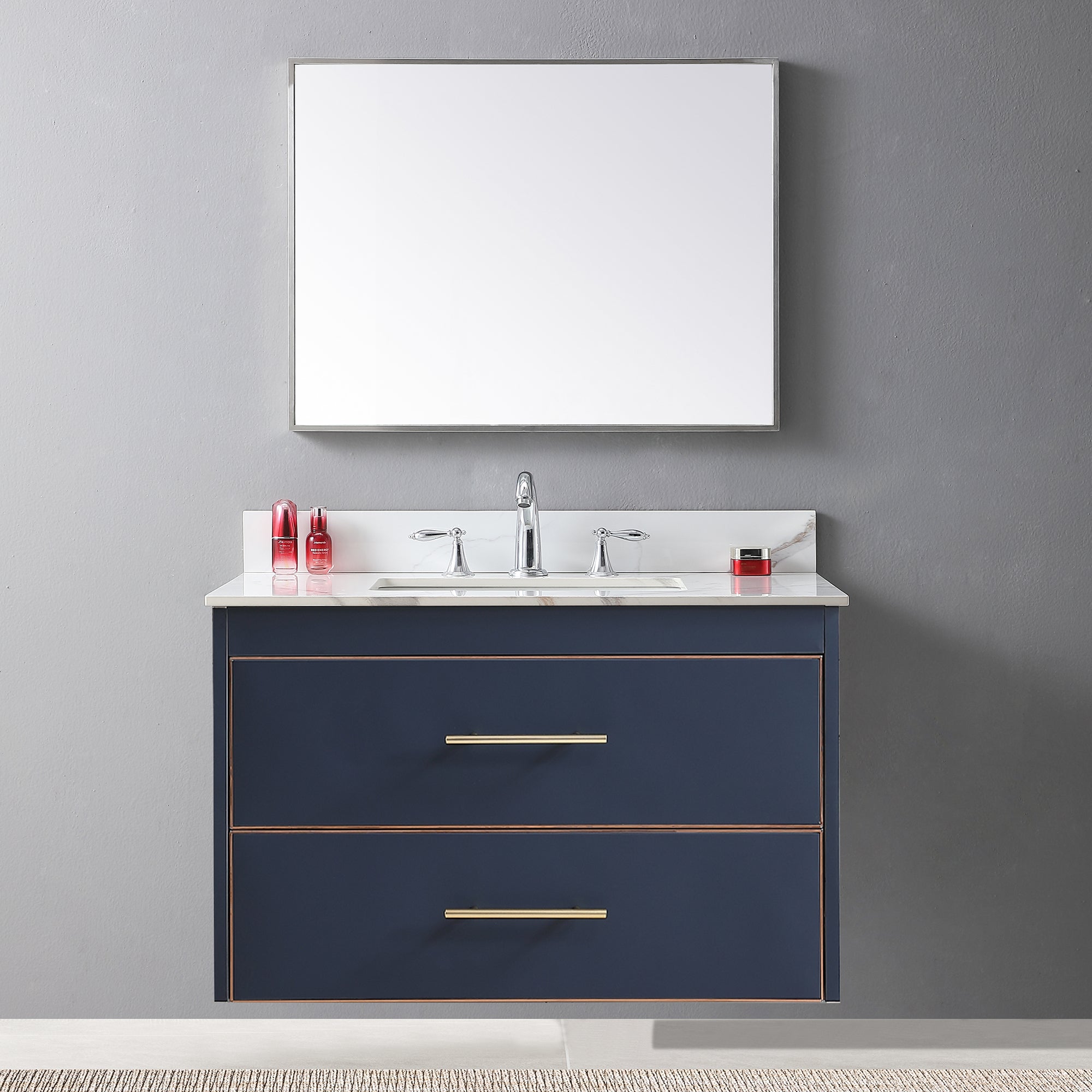 Montary 37inch bathroom vanity top stone carrara gold new style tops with rectangle undermount ceramic sink and 3 faucet hole for bathroom cabinet - Grand Goldman Shop