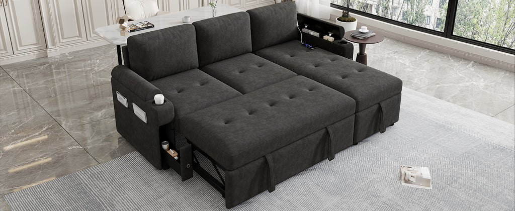 Black Convertible L-shaped Sofa Couch with Storage, Cup Holders, USB Ports, Chenille Fabric, 83.5' - Grand Goldman Shop