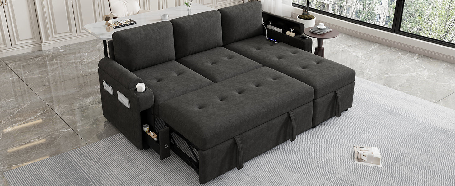 Black Convertible L-shaped Sofa Couch with Storage, Cup Holders, USB Ports, Chenille Fabric, 83.5' - Grand Goldman Shop